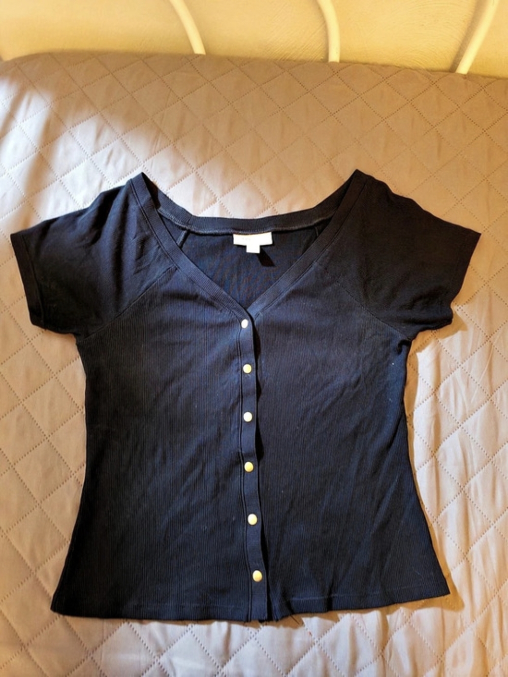 ON-34TH Rib-Knit Short-Sleeve Button Front Top Black Medium